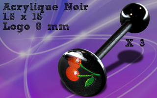 Lot de 3 barbell acrylique Noir 1.6 x 16 - logo cerise 8 mm