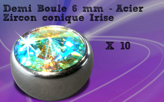 Lot de 10 demi boules acier 1.6x 6 mm - zircon irise conique