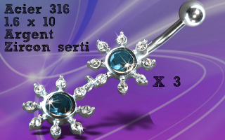 Lot de 3 bananes acier 1.6 x 10 - fleur articulee argent 925 - zircon serti