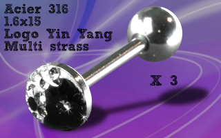 Lot de barbell 1.6 x 15 - yin yang logo 8 mm multi strass - sous coupole acrylique