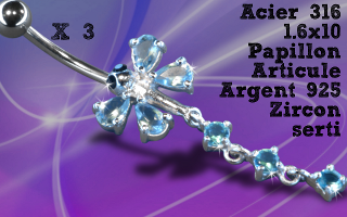 Lot de 3 bananes acier 1.6 x 10 - papillon articulee argent 925 - zircon serti