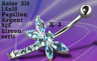 Lot de 3 bananes acier 1.6 x 10 - papillon argent 925 - zircon serti