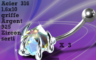 Lot de 3 bananes acier 1.6 x 10 - griffe argent 925 - zircon serti