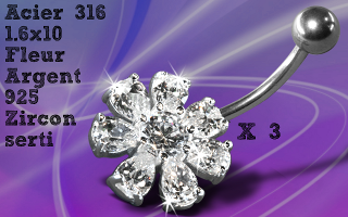 Lot de 3 bananes acier 1.6 x 10 - fleur argent 925 - zircon serti