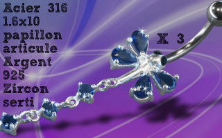 Lot de 3 bananes acier 1.6 x 10 - papillon articulee argent 925 - zircon serti