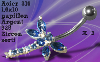 Lot de 3 bananes acier 1.6 x 10 - papillon argent 925 - zircon serti