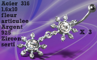 Lot de 3 bananes acier 1.6 x 10 - fleur articulee argent 925 - zircon serti