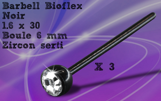 Lot de 3 barbell 1.6 x 30 - bioflex noir - boule 6 mm - strass cristal serti