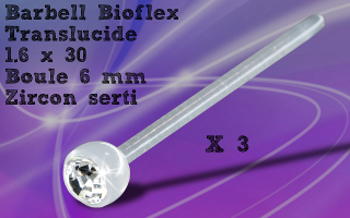 Lot de 3 barbell 1.6 x 30 - bioflex translucide - boule 5 mm - strass cristal serti