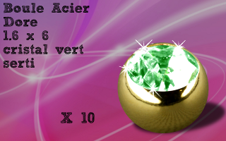 Lot de 10 boules 1.6 x 6 acier 316 dore - cristal vert serti