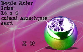 Lot de 10 boules 1.6 x 6 acier 316 irise - cristal amethyste serti