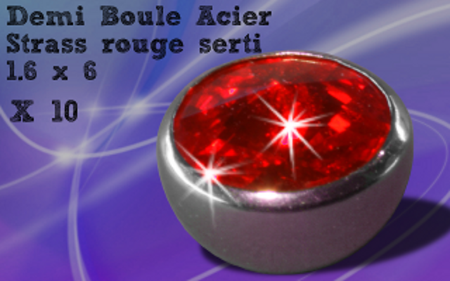 Lot de 10 demi boules acier dore 1.6 x 6 - zircon rouge serti