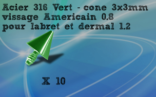 Lot de 10 cones vissage 0.8 americain - acier vert 3 mm - pour labret et dermal 1.2