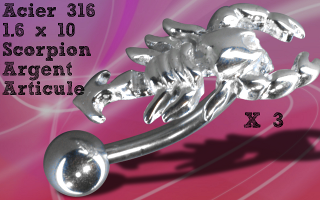 Lot de 3 bananes 1.6 x 10 acier + scorpion argent articule argent 925