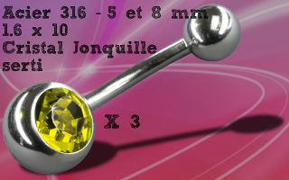 Lot de 3 bananes acier 1.6 x 10 - boules 5 et 8 mm - zircon jonquille serti
