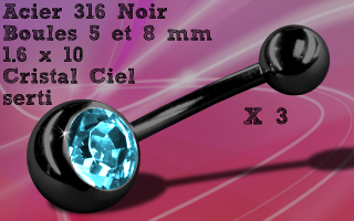 Lot de 3 bananes acier noir 1.6 x 10 - boules 5 et 8 mm - zircon ciel serti