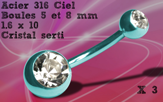 Lot de 3 bananes acier ciel 1.6 x 10 - boules 5 et 8 mm - zircon cristal serti