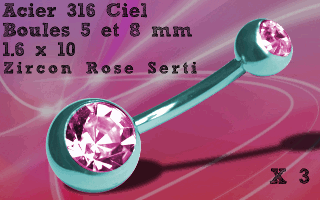 Lot de 3 bananes acier ciel 1.6 x 10 - boules 5 et 8 mm - zircon rose serti