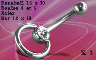Lot de 3 bananes acier 1.6 x 10 - boules 4 et 6 mm - bcr 1.2 x 10