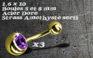 3 bananes Acier 1.6 x 10 - Acier dore - boules ( et 8 mm - zircon serti amethyste