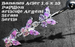 bananes acier 1.6 x 10 - papillon argent articule - zircon serti