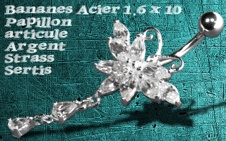 bananes acier 1.6 x 10 - papillon argent articule - zircon serti