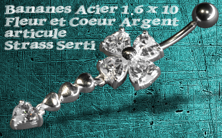 bananes acier 1.6 x 10 - fleur argent articule - zircon serti