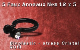 Lot de 5 faux piercing anneaux nez bioplastic noir - cristal
