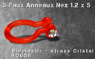 Lot de 5 faux piercing anneaux nez bioplastic rouge - cristal