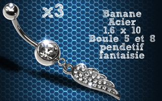 Lot de 3 bananes acier 1.6 x 10 avec pendentif fantaisie.