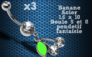 Lot de 3 bananes acier 1.6 x 10 avec pendentif fantaisie.