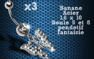 Lot de 3 bananes acier 1.6 x 10 avec pendentif fantaisie.