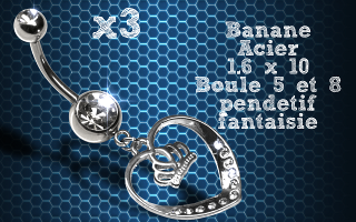 Lot de 3 bananes acier 1.6 x 10 avec pendentif fantaisie.