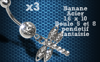 Lot de 3 bananes acier 1.6 x 10 avec pendentif fantaisie.
