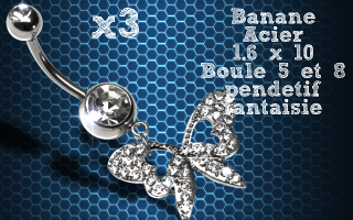 Lot de 3 bananes acier 1.6 x 10 avec pendentif fantaisie.