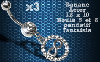 Lot de 3 bananes acier 1.6 x 10 avec pendentif fantaisie.