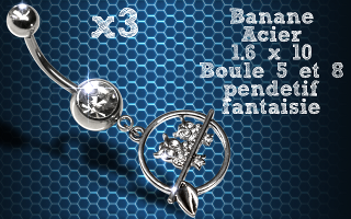 Lot de 3 bananes acier 1.6 x 10 avec pendentif fantaisie.