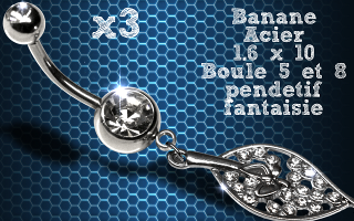 Lot de 3 bananes acier 1.6 x 10 avec pendentif fantaisie.