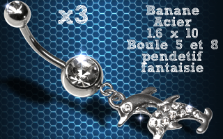 Lot de 3 bananes acier 1.6 x 10 avec pendentif fantaisie.