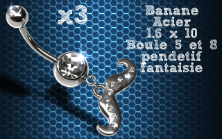 Lot de 3 bananes acier 1.6 x 10 avec pendentif fantaisie.