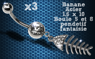 Lot de 3 bananes acier 1.6 x 10 avec pendentif fantaisie.
