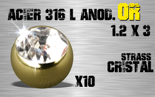 Lot de 10 boules acier anod Or 1.2 x 3 - strass cristall serti.
