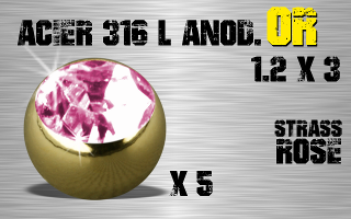 Lot de 5 boules acier anod Or 1.2 x 3 - strass rose serti.