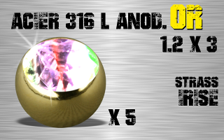 Lot de 5 boules acier anod Or 1.2 x 3 - strass irise serti.