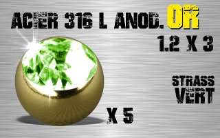 Lot de 5 boules acier anod Or 1.2 x 3 - strass vert serti.
