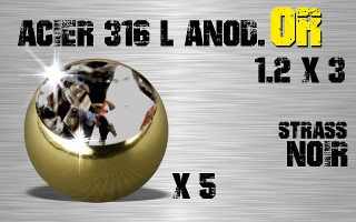 Lot de 5 boules acier anod Or 1.2 x 3 - strass noir serti.