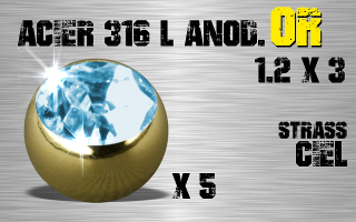 Lot de 5 boules acier anod Or 1.2 x 3 - strass ciel serti.