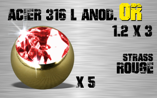 Lot de 5 boules acier anod Or 1.2 x 3 - strass rouge serti.