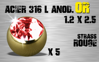 Lot de 5 boules acier anod Or 1.2 x 2.5 - strass rouge serti.