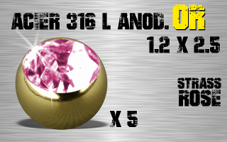 Lot de 5 boules acier anod Or 1.2 x 2.5 - strass rose serti.